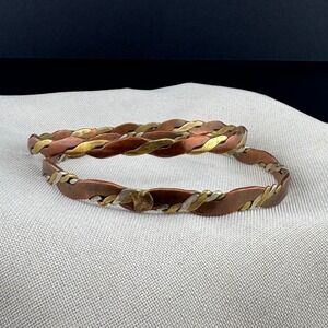 Vintage Mixed Metal Bangle Bracelets Braided Copper Brass Silver Tone set of 2